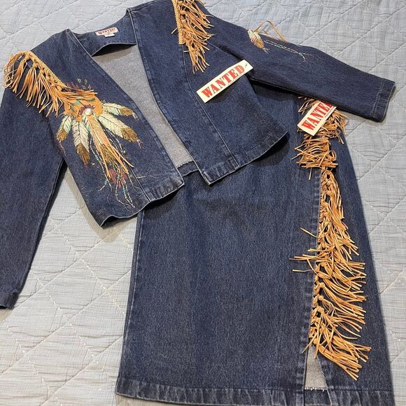 Vintage Wanted by Bead Beautiful Denim Fringe Jacket & Skirt Set Size Medium NWT - Picture 1 of 12